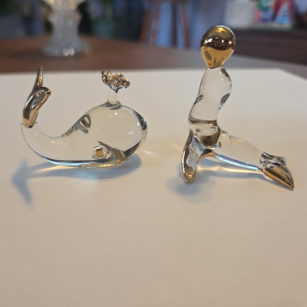 Glass Whale and Seal Figurines with Gold Accents